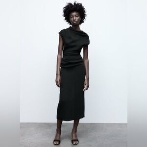 ZARA Black Draped Sheath Midi Dress Size S XS Party Holiday‎ Slit Cocktail Event